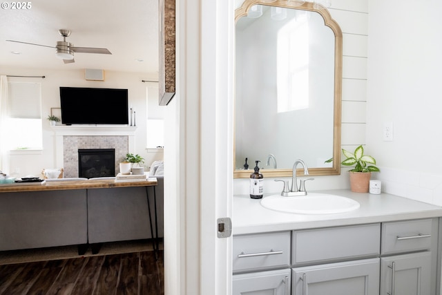 bathroom featuring vanity, wood finished floors, and a tiled fireplace