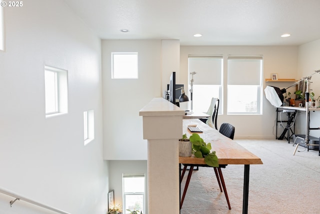 office area with light colored carpet, recessed lighting, and baseboards