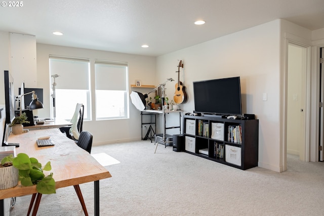 carpeted home office featuring recessed lighting and baseboards