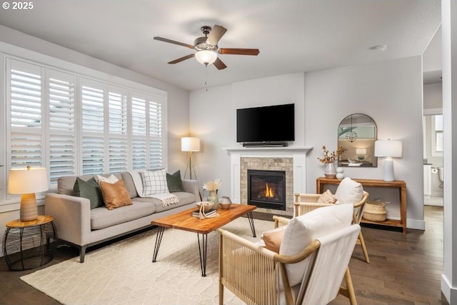 living room with hardwood / wood-style flooring and ceiling fan