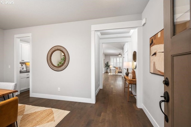 corridor featuring dark wood-type flooring