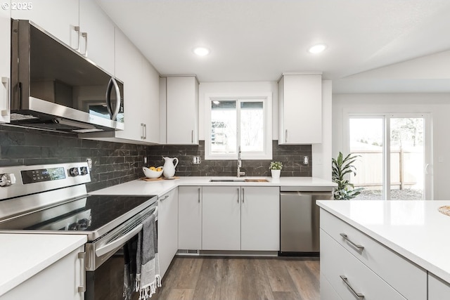 kitchen featuring appliances with stainless steel finishes, dark hardwood / wood-style floors, white cabinetry, and sink