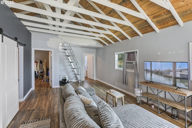 11868 N Jantzen Dr, Portland, OR 97217 - living area with a barn door, wood finished floors, baseboards, wood ceiling, and cooling unit