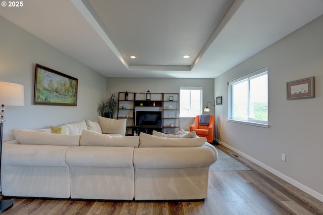 1637 E 21st St, The Dalles, OR 97058 - living area with baseboards, wood finished floors, a tray ceiling, and recessed lighting