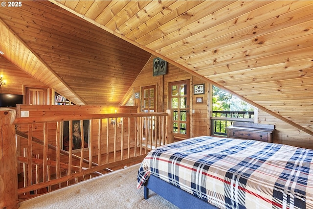 6154 View Rd, Florence, OR 97439 - carpeted bedroom featuring wood walls, wooden ceiling, and lofted ceiling