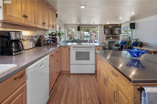 429 N Bridgeton Rd # 15, Portland, OR 97217 - kitchen with stainless steel countertops, white appliances, open floor plan, healthy amount of natural light, and recessed lighting