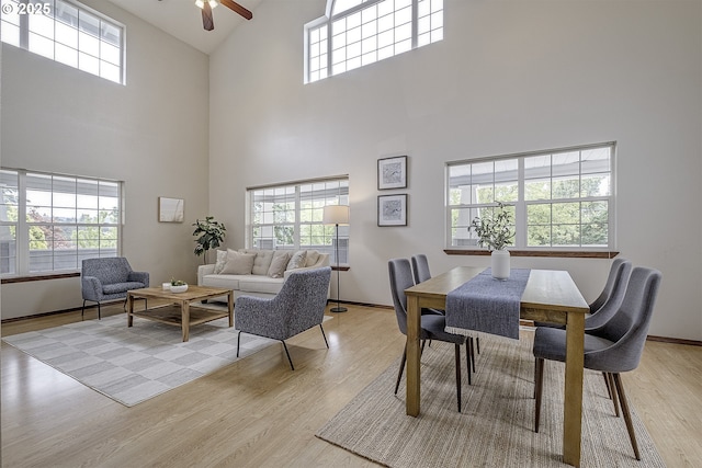 dining room featuring light wood-type flooring, a healthy amount of sunlight, and ceiling fan