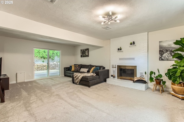 4080 SW 196th Ave, Beaverton, OR 97078 - carpeted living area with a fireplace, a chandelier, and a textured ceiling
