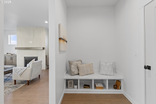 mudroom with light hardwood / wood-style floors and a large fireplace