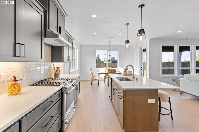 kitchen with sink, hanging light fixtures, stainless steel range with gas cooktop, an island with sink, and decorative backsplash