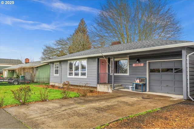 single story home featuring an attached garage, a chimney, a front lawn, and a shingled roof