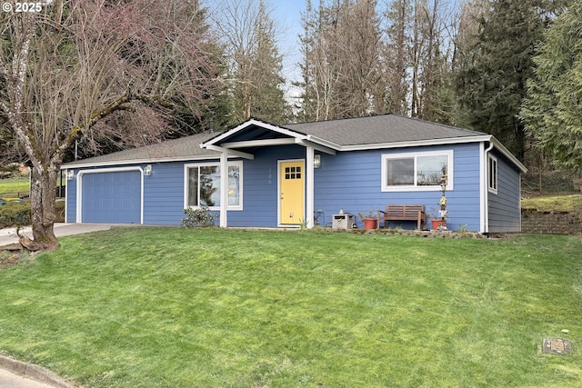 single story home featuring an attached garage, driveway, a front lawn, and roof with shingles