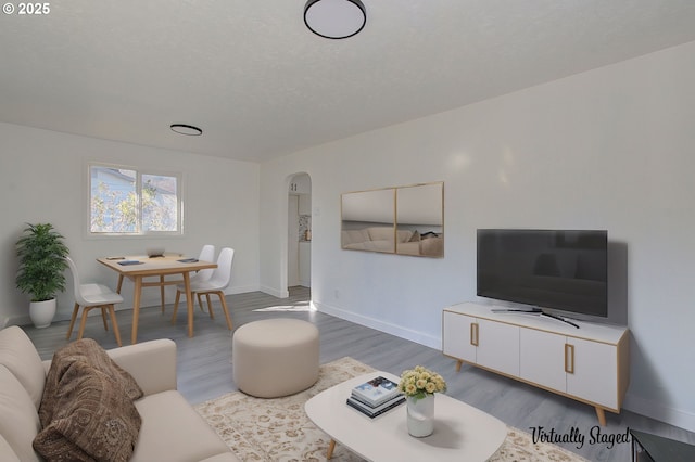 105 Redpath St, Kelso, WA 98626 - living room featuring arched walkways, wood finished floors, baseboards, and a textured ceiling