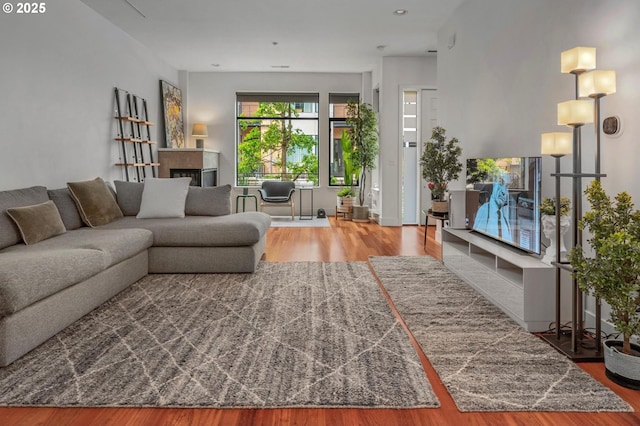 1634 NW Riverscape St, Portland, OR 97209 - living room featuring wood finished floors and a fireplace