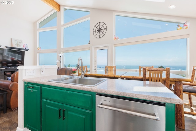 461 Home Ct, Rockaway Beach, OR 97136 - kitchen featuring stainless steel dishwasher, dark wood-style flooring, beamed ceiling, high vaulted ceiling, and green cabinetry