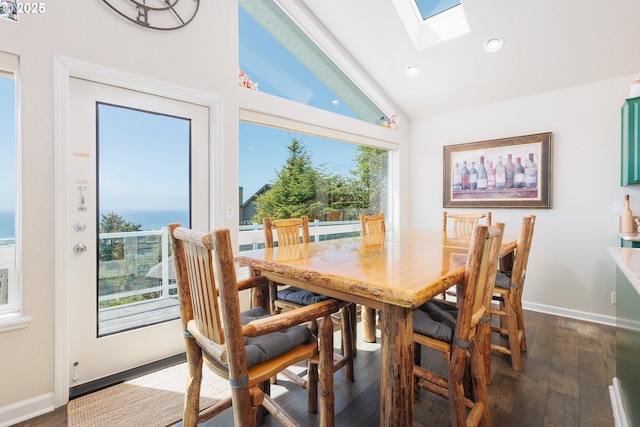 461 Home Ct, Rockaway Beach, OR 97136 - dining room featuring a skylight, dark wood finished floors, recessed lighting, and high vaulted ceiling