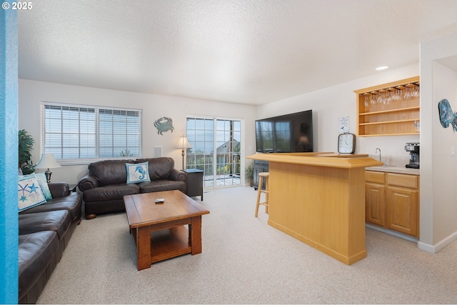 461 Home Ct, Rockaway Beach, OR 97136 - living room with bar with sink, light carpet, and a textured ceiling