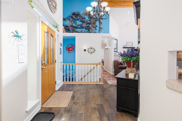 461 Home Ct, Rockaway Beach, OR 97136 - entryway featuring high vaulted ceiling, wood finished floors, and a chandelier