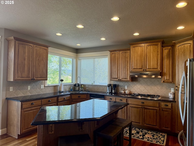 kitchen featuring stainless steel appliances, under cabinet range hood, light wood-style flooring, dark countertops, and a sink