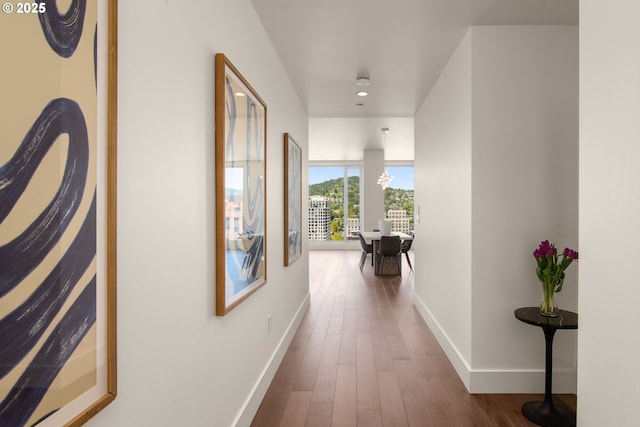 hallway featuring baseboards, wood finished floors, and recessed lighting