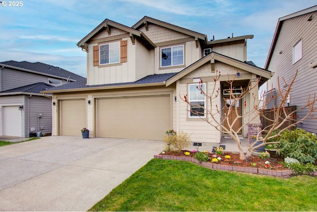 craftsman inspired home with a front yard, a garage, board and batten siding, and driveway