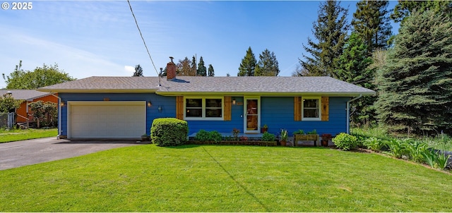 ranch-style house with driveway, a chimney, a front lawn, and a garage