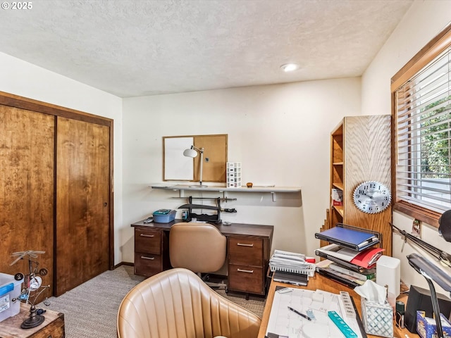 home office with light carpet and a textured ceiling