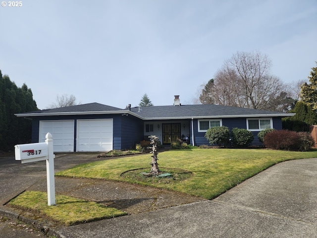 single story home featuring driveway, a front lawn, and an attached garage