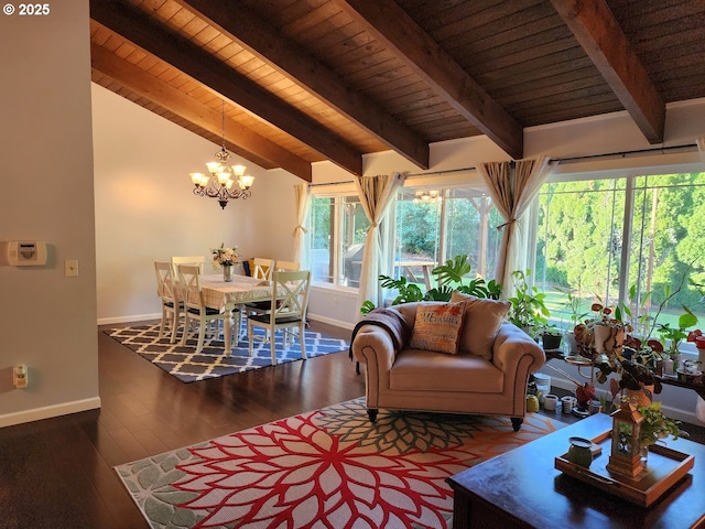 sunroom / solarium with lofted ceiling with beams, a notable chandelier, and wood ceiling