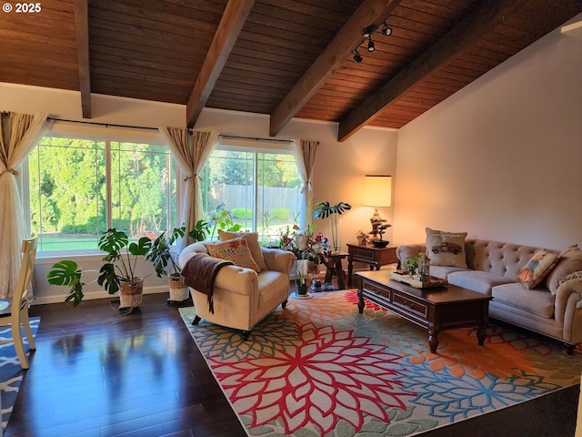 living room featuring track lighting, wood ceiling, vaulted ceiling with beams, and wood finished floors