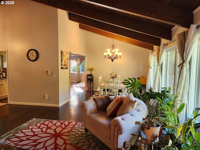 living room featuring beamed ceiling, baseboards, an inviting chandelier, and dark wood-style floors