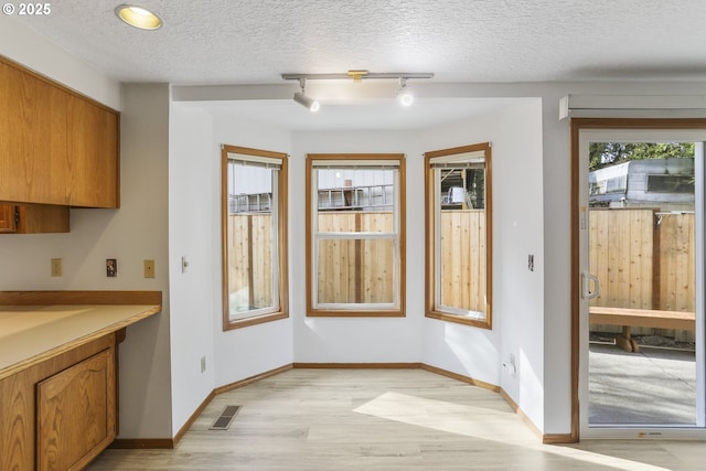 dining room featuring track lighting, a wealth of natural light, a textured ceiling, and light hardwood / wood-style floors