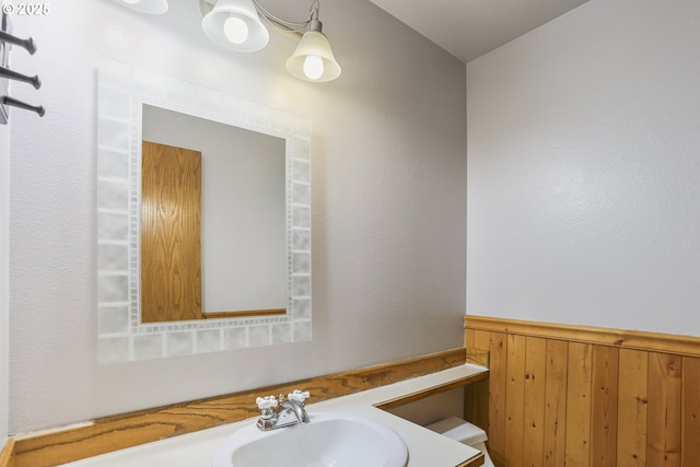 bathroom featuring vanity and wooden walls