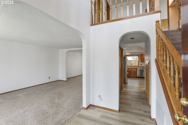 hall featuring light carpet, a textured ceiling, and a high ceiling