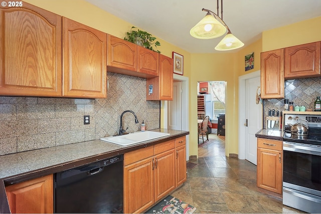 kitchen featuring dishwasher, tile countertops, decorative light fixtures, stainless steel electric stove, and a sink