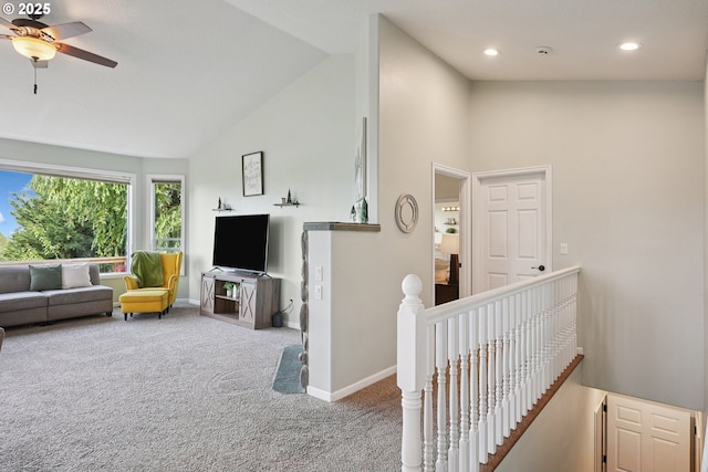 16117 SE Goosehollow Dr, Damascus, OR 97089 - hallway with an upstairs landing, carpet, high vaulted ceiling, and recessed lighting