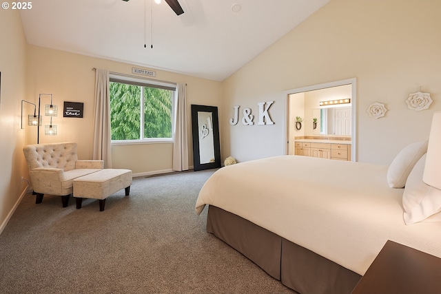 16117 SE Goosehollow Dr, Damascus, OR 97089 - carpeted bedroom featuring lofted ceiling, ensuite bath, and a ceiling fan