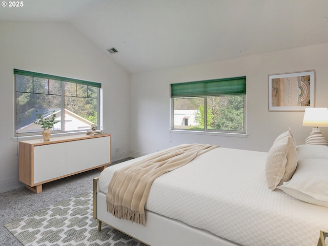 17234 Oakdale Rd, Dallas, OR 97338 - bedroom with lofted ceiling, visible vents, light colored carpet, and multiple windows