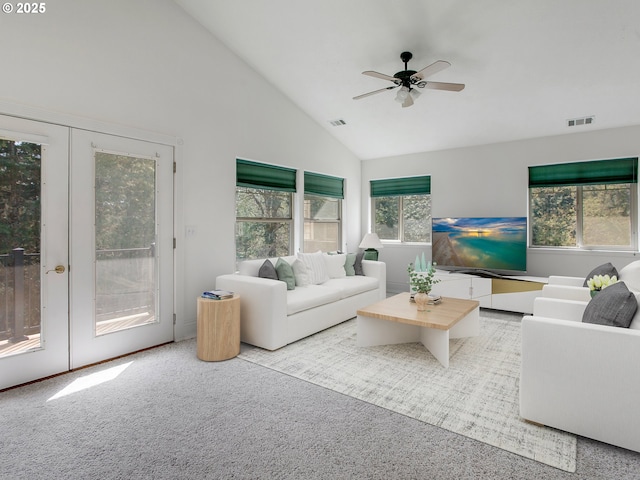 17234 Oakdale Rd, Dallas, OR 97338 - living room featuring visible vents, high vaulted ceiling, ceiling fan, and french doors