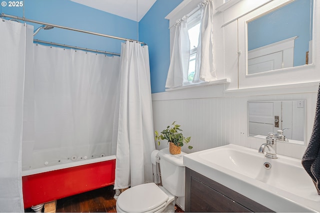 7315 N Smith St, Portland, OR 97203 - bathroom with a combined bath / shower with jetted tub, a wainscoted wall, wood finished floors, and vanity