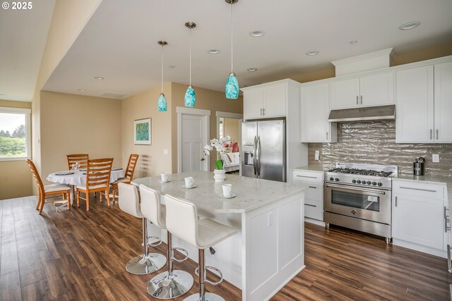 2343 N Fork Rd, Seaside, OR 97138 - kitchen featuring stainless steel appliances, under cabinet range hood, dark wood finished floors, decorative backsplash, and recessed lighting