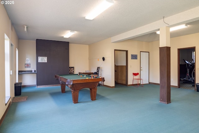 game room with carpet flooring, a textured ceiling, and billiards