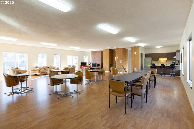 dining area with a textured ceiling and light hardwood / wood-style flooring