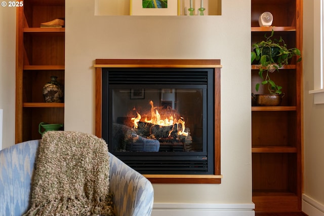 detailed view of a glass covered fireplace, built in shelves, and baseboards