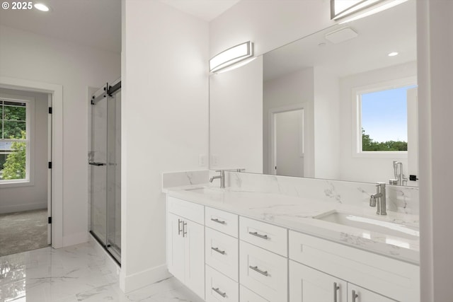 8120 SE 145th Ct, Portland, OR 97236 - bathroom featuring marble finish floors, baseboards, double vanity, recessed lighting, and a shower stall