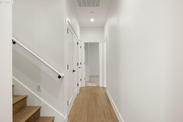 8120 SE 145th Ct, Portland, OR 97236 - hallway with light wood-style floors, baseboards, recessed lighting, and stairs