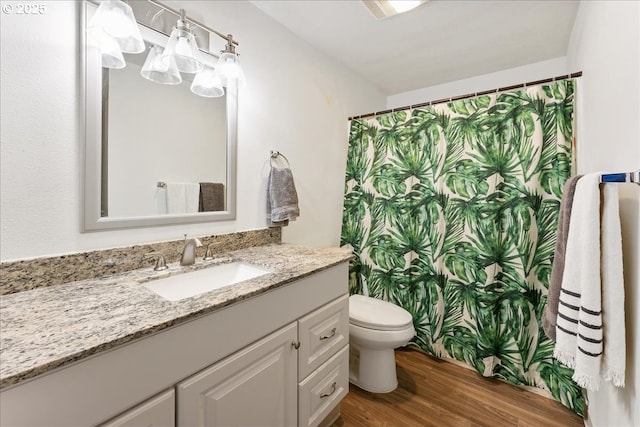 bathroom featuring vanity, wood-type flooring, and toilet