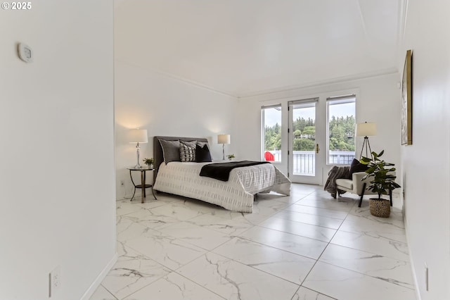 bedroom featuring access to outside, marble finish floors, and baseboards