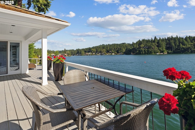 1308 Northshore Rd, Lake Oswego, OR 97034 - deck featuring a water view, a forest view, and outdoor dining area