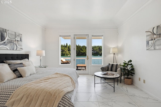 1308 Northshore Rd, Lake Oswego, OR 97034 - bedroom featuring marble look tiles, access to outside, and crown molding